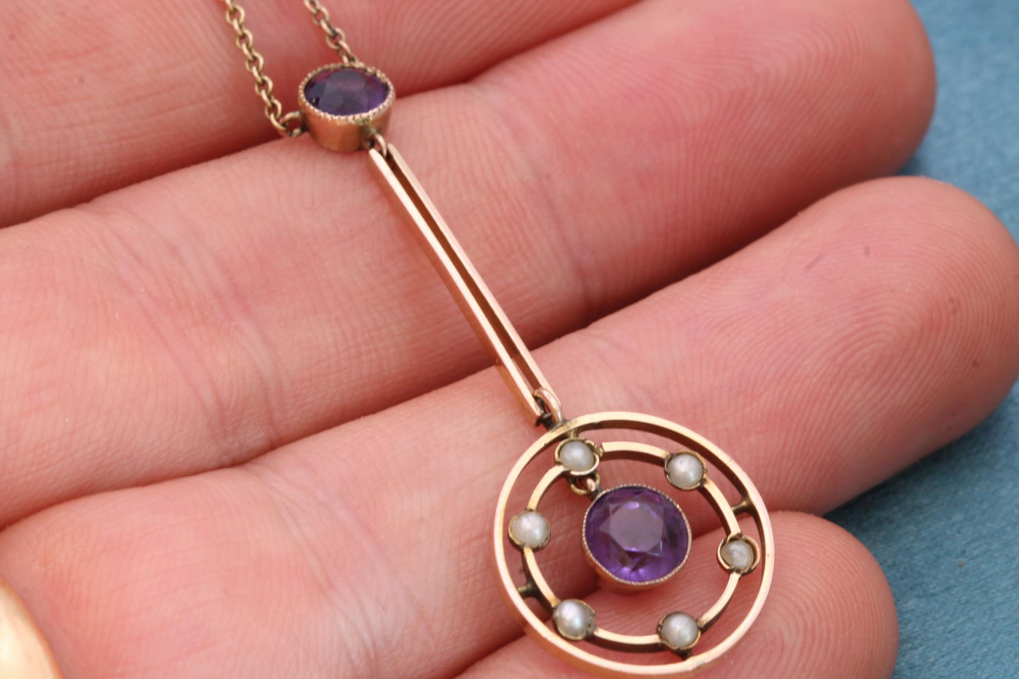Antique 9ct Gold Amethyst Seed Pearl Pendant | Edwardian c.1901