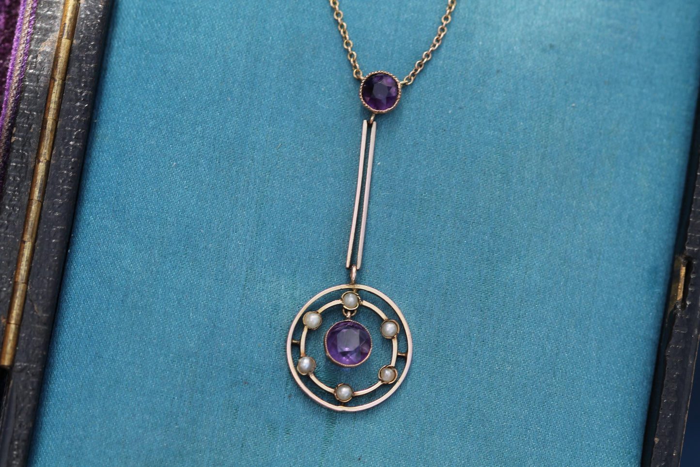Antique 9ct Gold Amethyst Seed Pearl Pendant | Edwardian c.1901