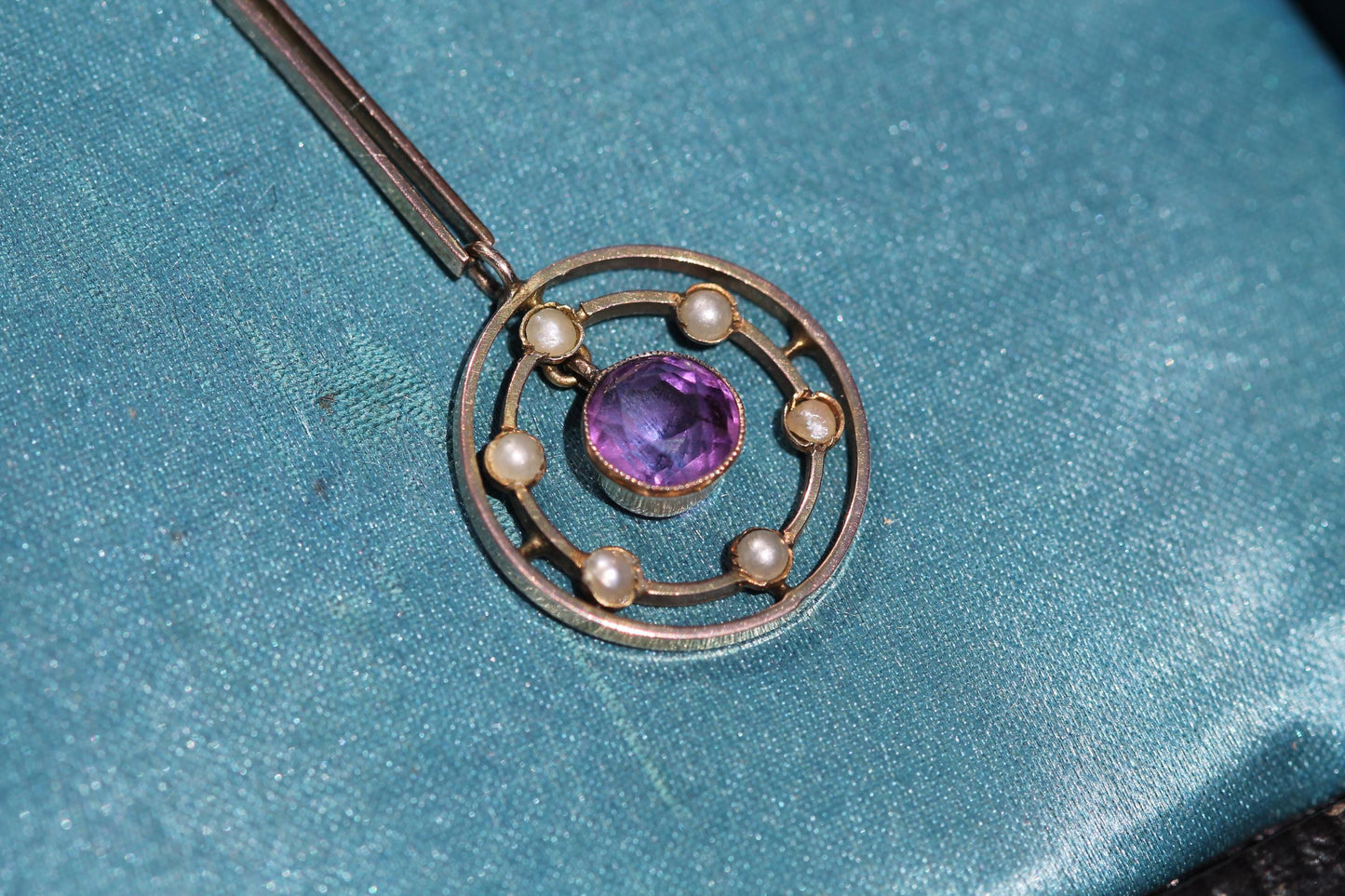 Antique 9ct Gold Amethyst Seed Pearl Pendant | Edwardian c.1901