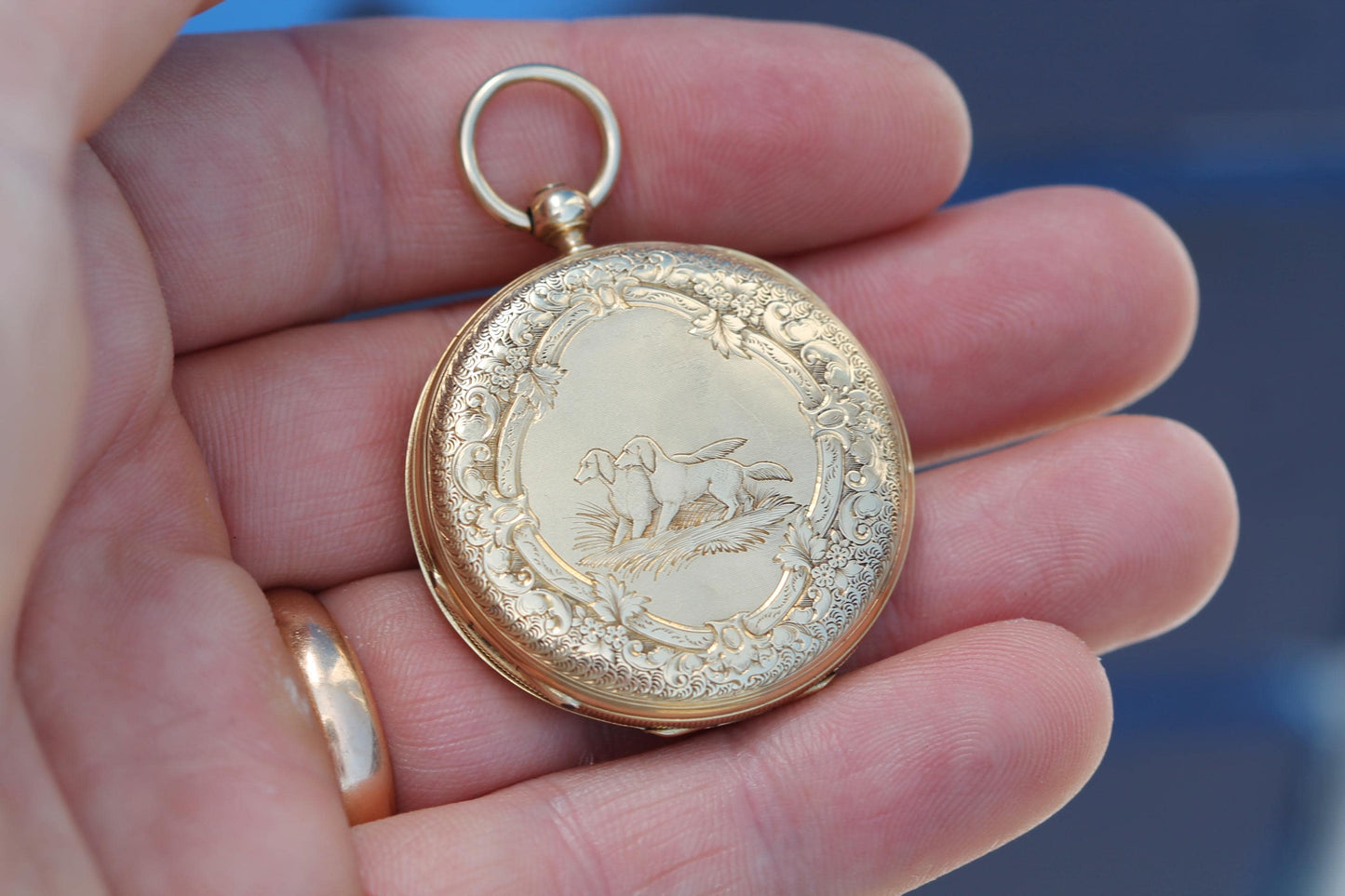 Antique 18ct Gold Swiss Ladies Pocket Watch | Chased Dog Scene | c.1880