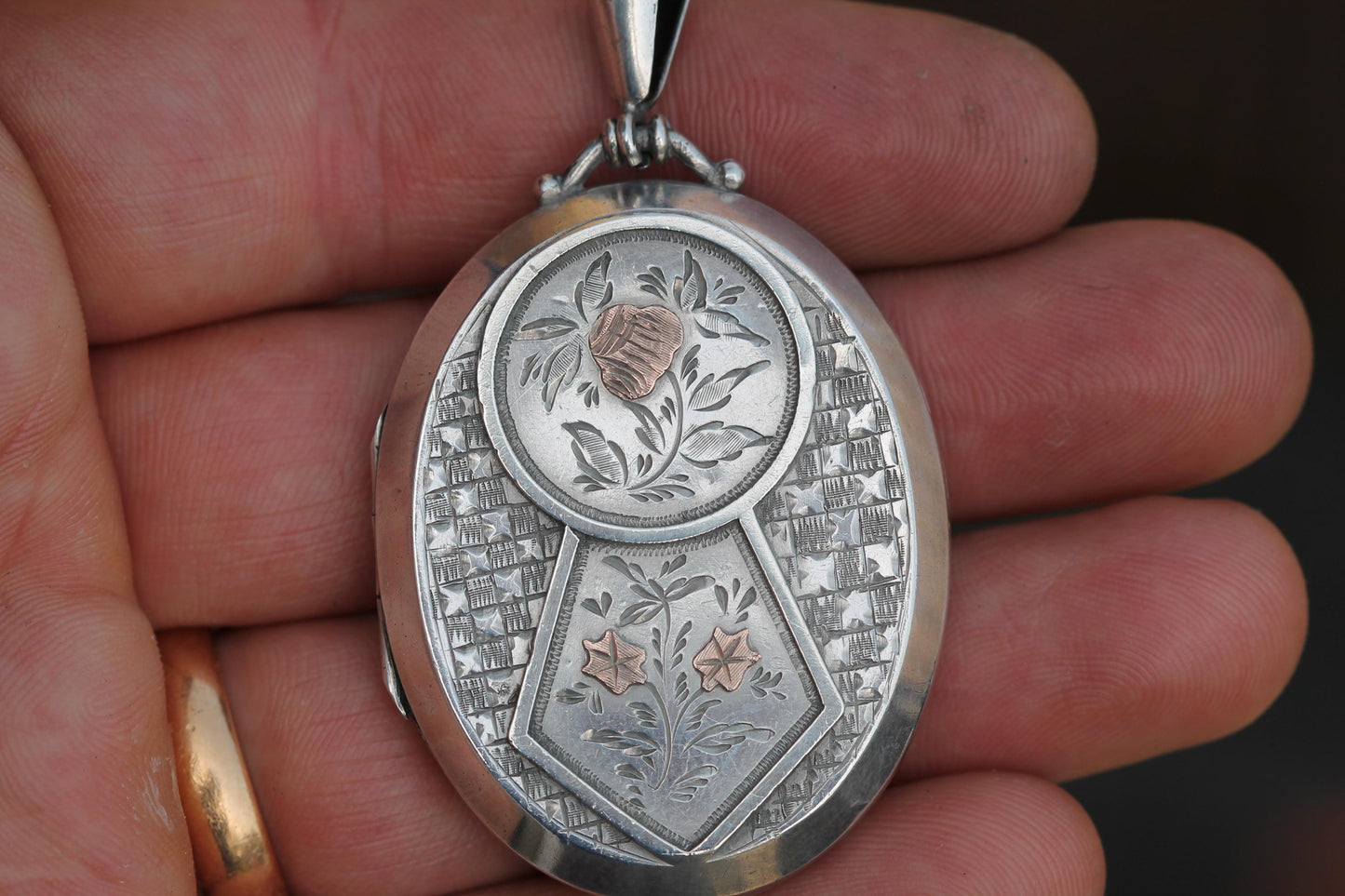 Antique Victorian Sterling Silver Locket | Applied Rose Gold Flowers | 1882