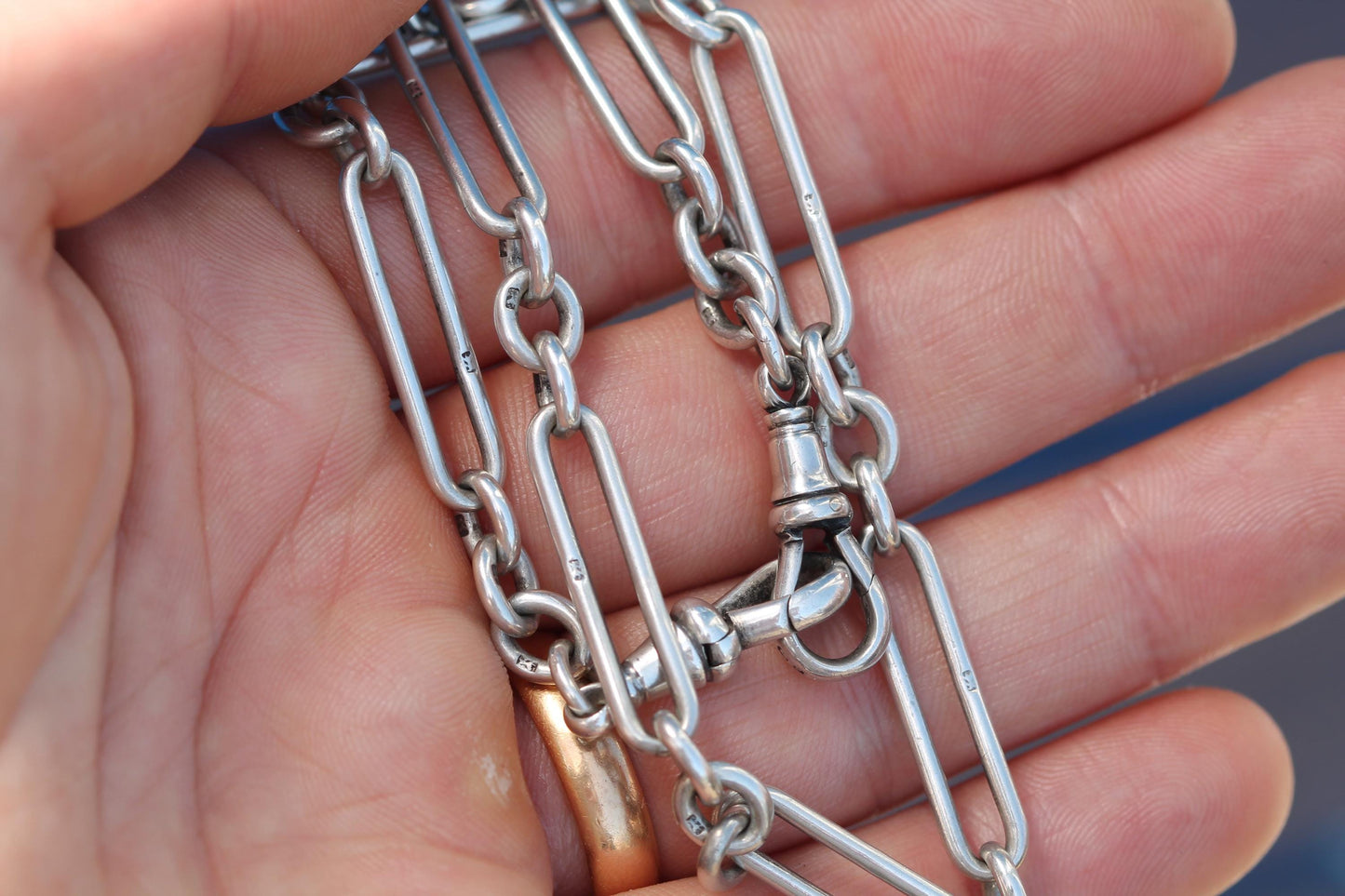 Antique Sterling Silver Double Albert Trombone Link Watch Chain, 14.25"