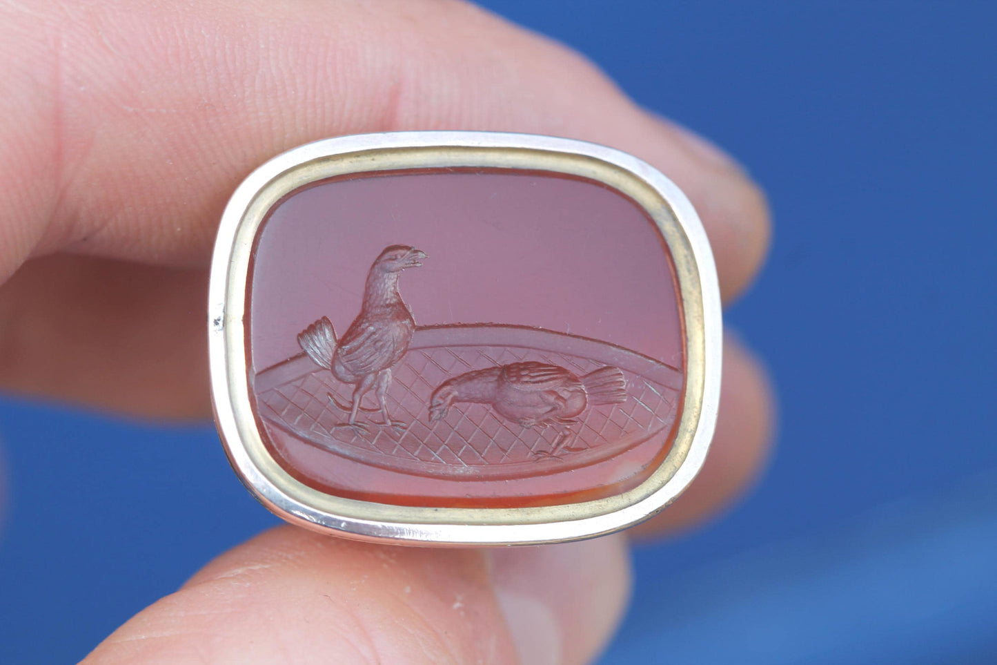 Antique 9ct Gold Large Carnelian Intaglio Seal | Two Hens Scene | c.1860