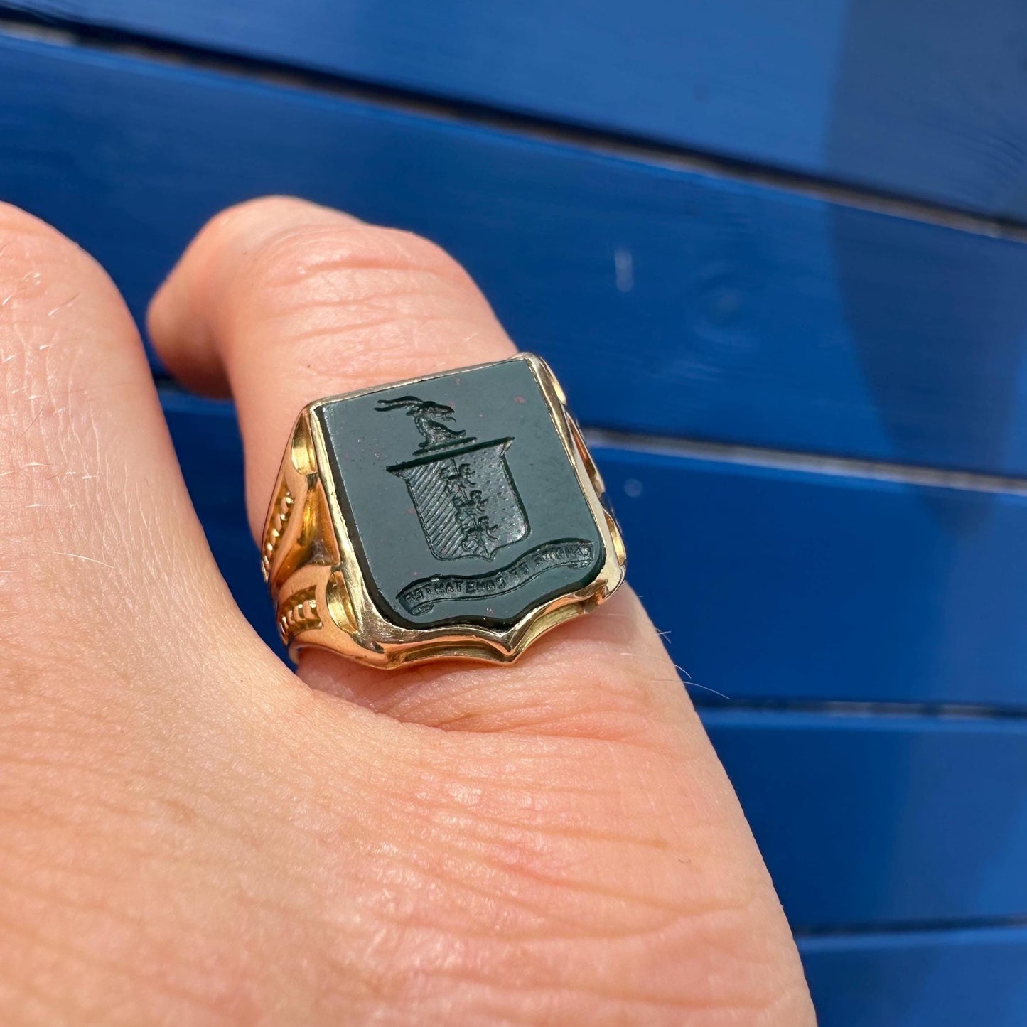Antique 18ct Gold Intaglio Bloodstone Shield Signet Ring - Fairly And Firmly, 1869