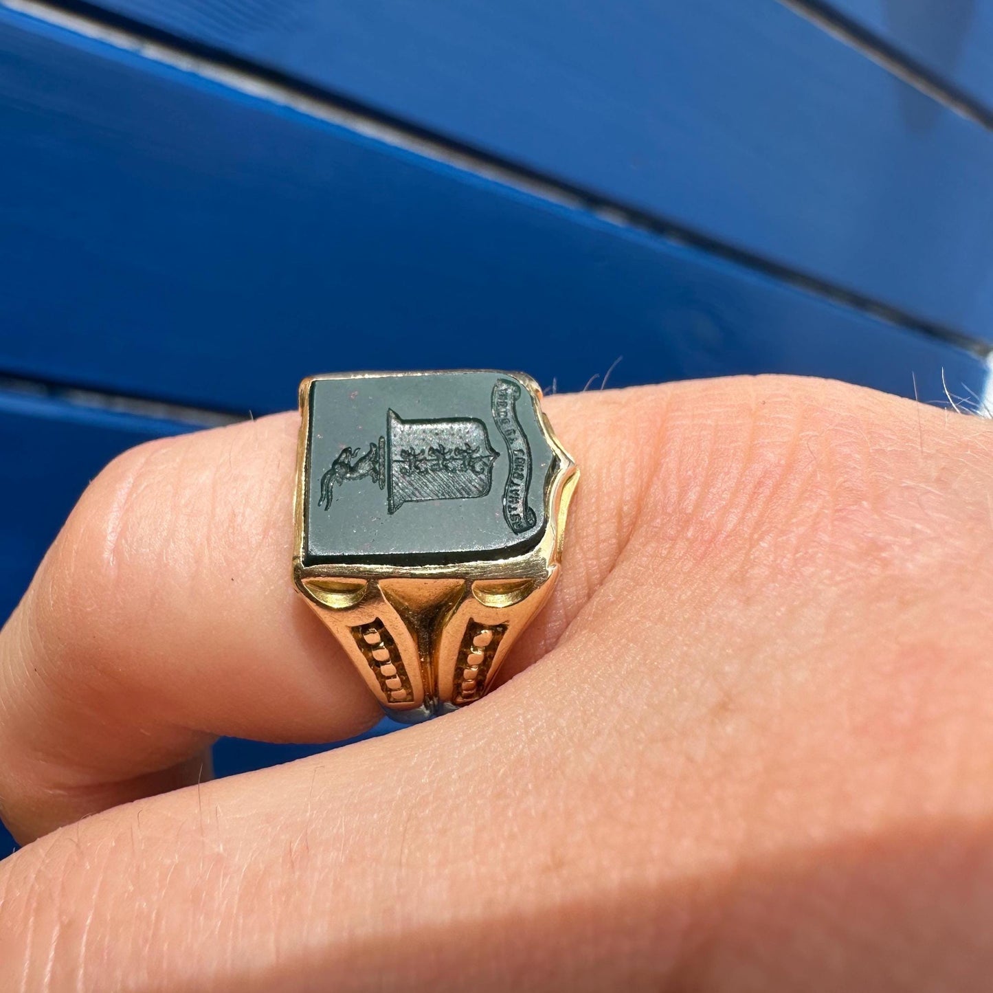 Antique 18ct Gold Intaglio Bloodstone Shield Signet Ring - Fairly And Firmly, 1869