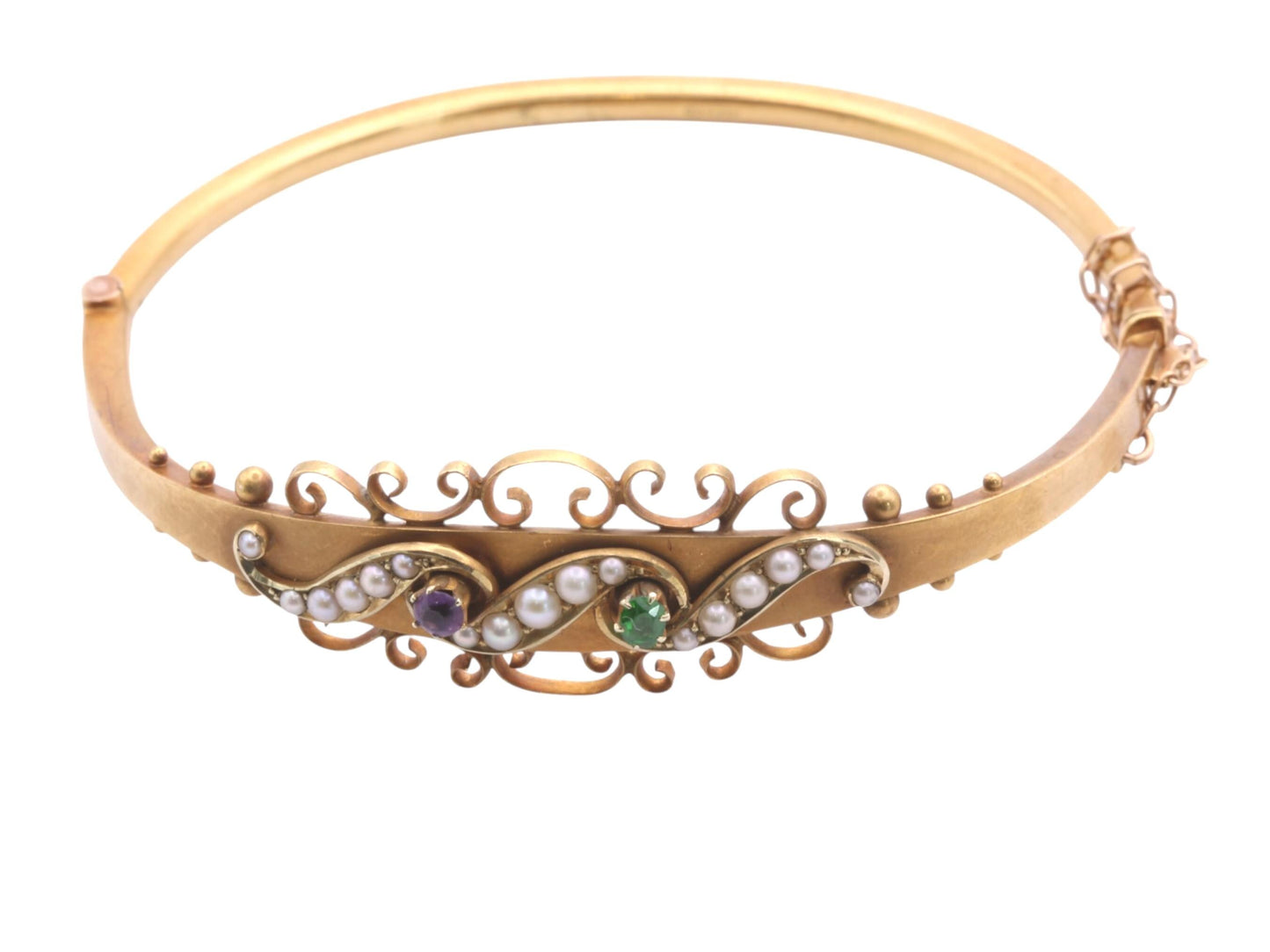 Antique 15ct Gold Suffragette Bangle | Amethyst, Pearl & Emerald | Edwardian 1906