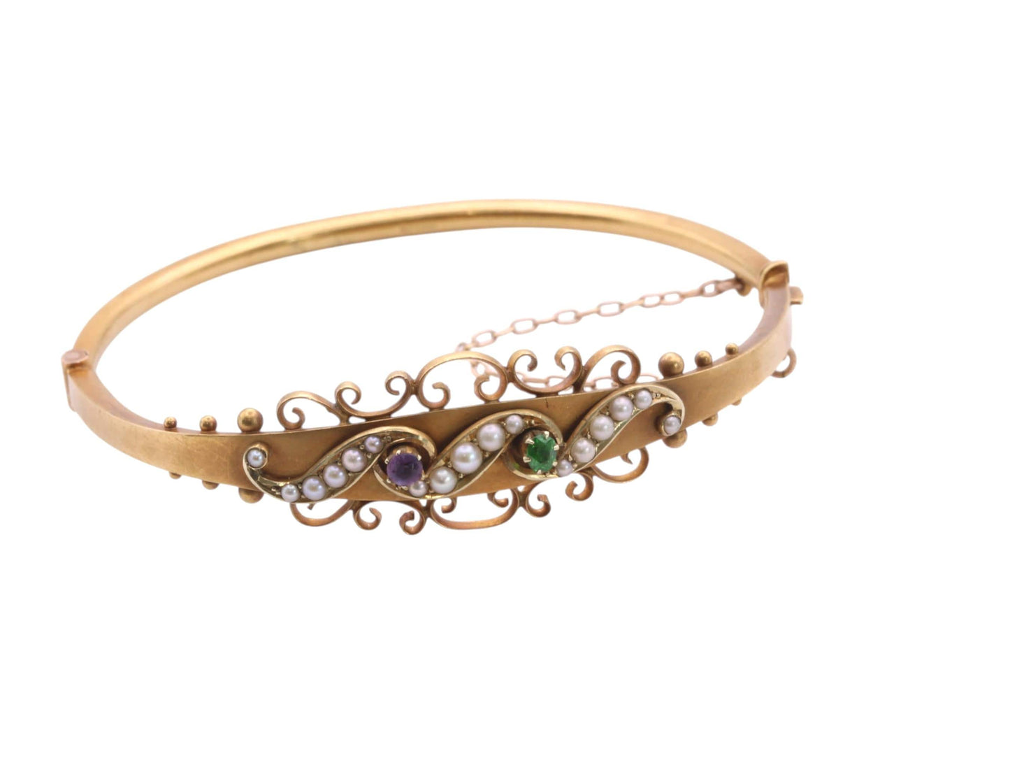 Antique 15ct Gold Suffragette Bangle | Amethyst, Pearl & Emerald | Edwardian 1906