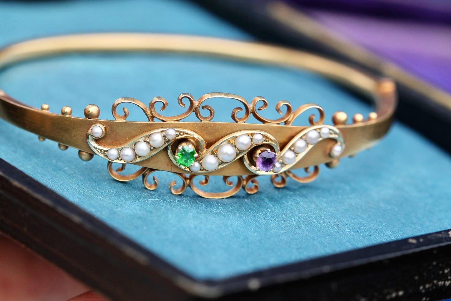 Antique 15ct Gold Suffragette Bangle | Amethyst, Pearl & Emerald | Edwardian 1906