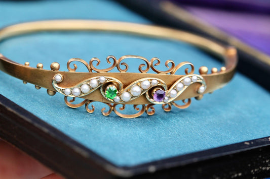 Antique 15ct Gold Suffragette Bangle | Amethyst, Pearl & Emerald | Edwardian 1906