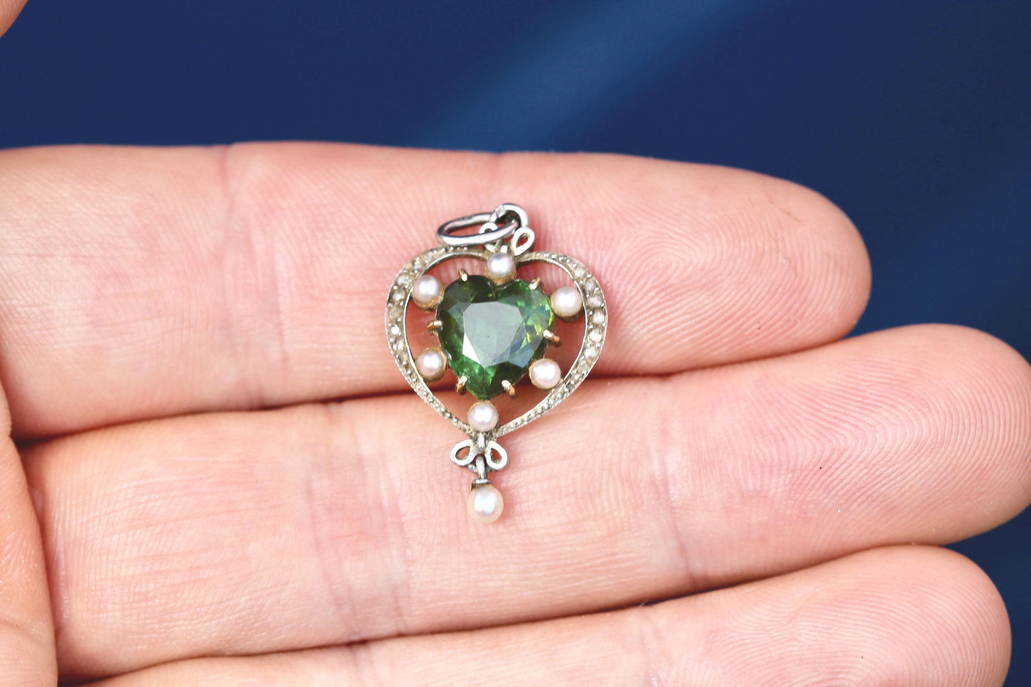 Antique French 15ct Gold & Platinum Pendant | Green Tourmaline | Old Cut Diamonds | c.1920