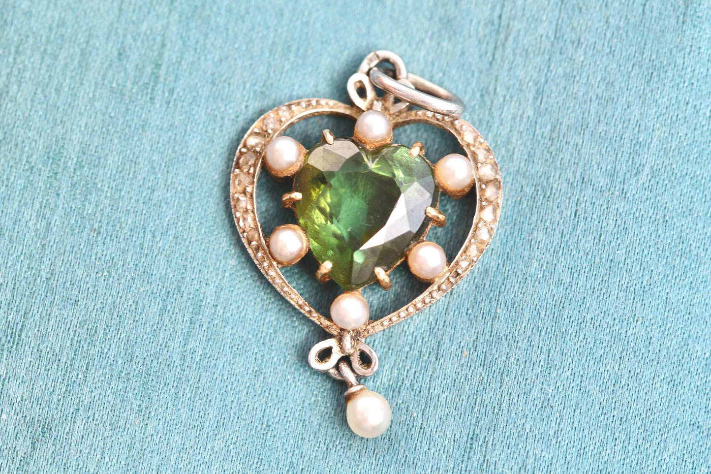 Antique French 15ct Gold & Platinum Pendant | Green Tourmaline | Old Cut Diamonds | c.1920