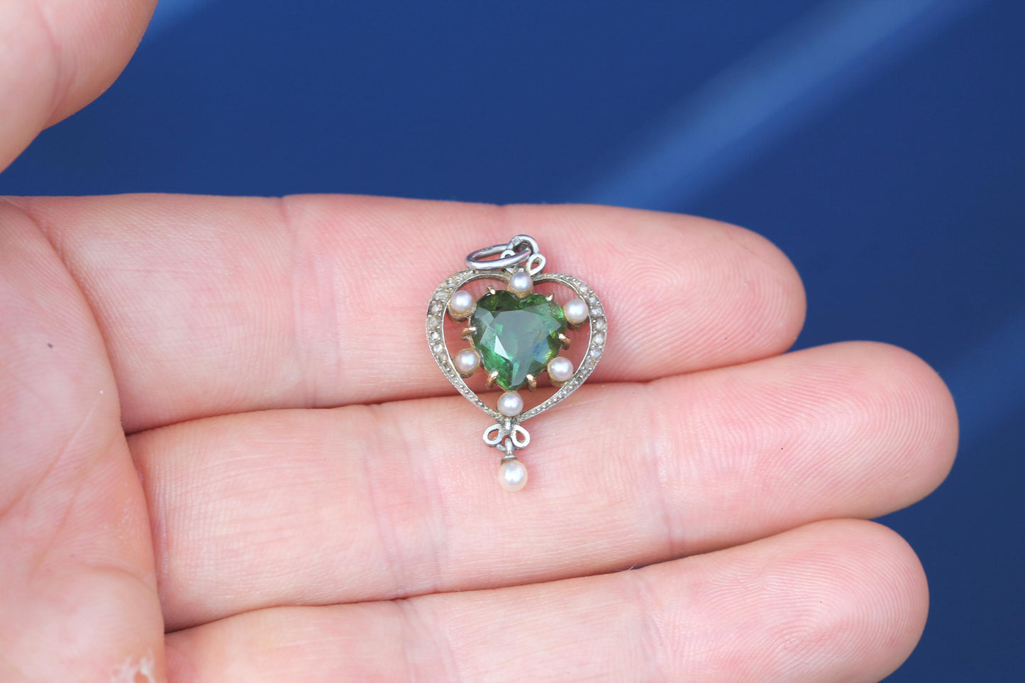 Antique French 15ct Gold & Platinum Pendant | Green Tourmaline | Old Cut Diamonds | c.1920