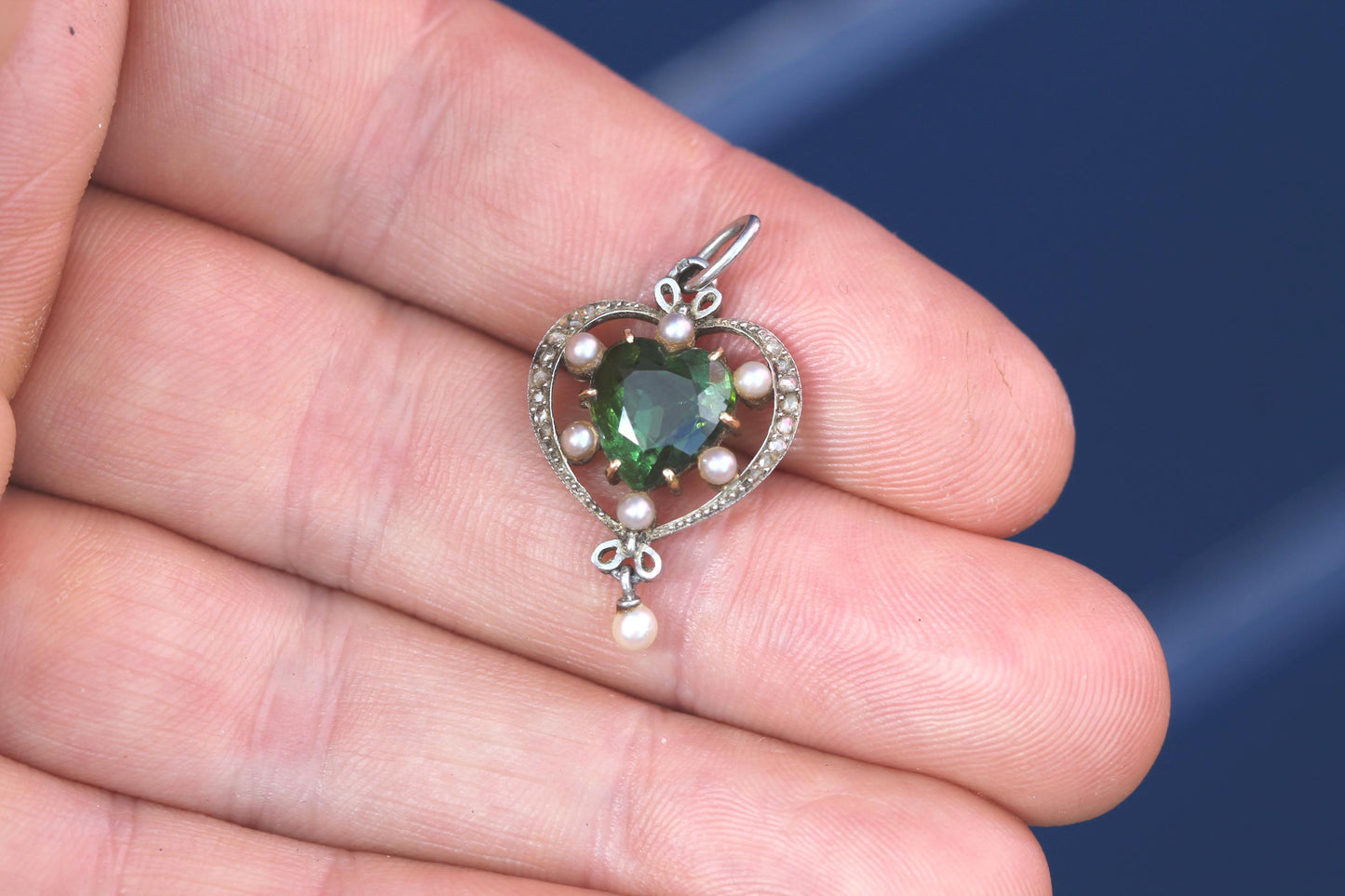 Antique-French-15ct-Gold-&-Platinum-Pendant-|-Green-Tourmaline-|-Old-Cut-Diamonds-|-c.1920