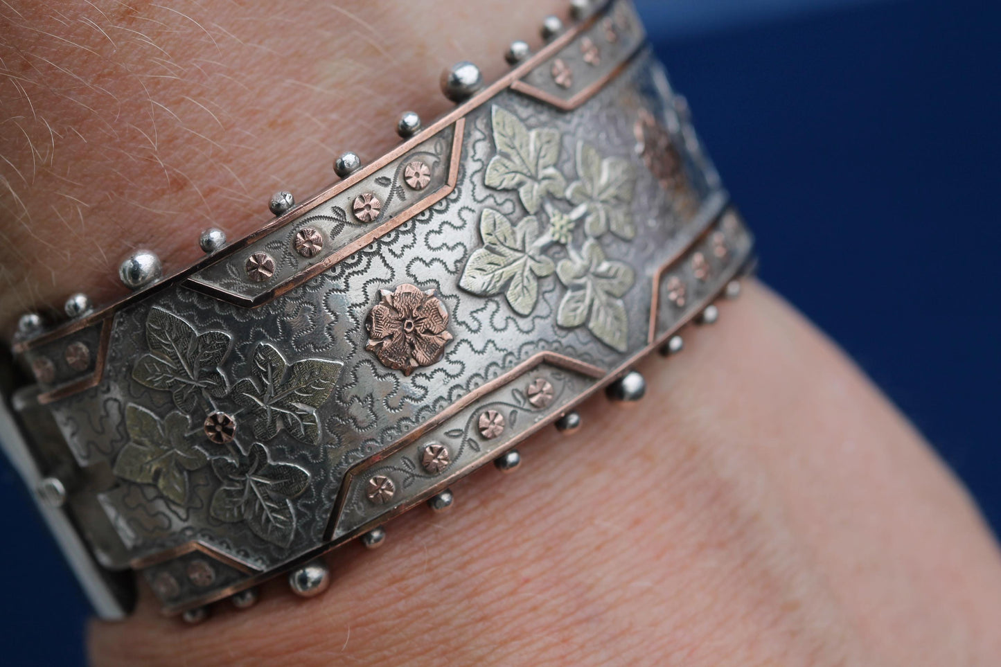 Victorian Sterling Silver Bangle | Applied Two-Colour Gold | Ivy & Forget-Me-Not | c.1880