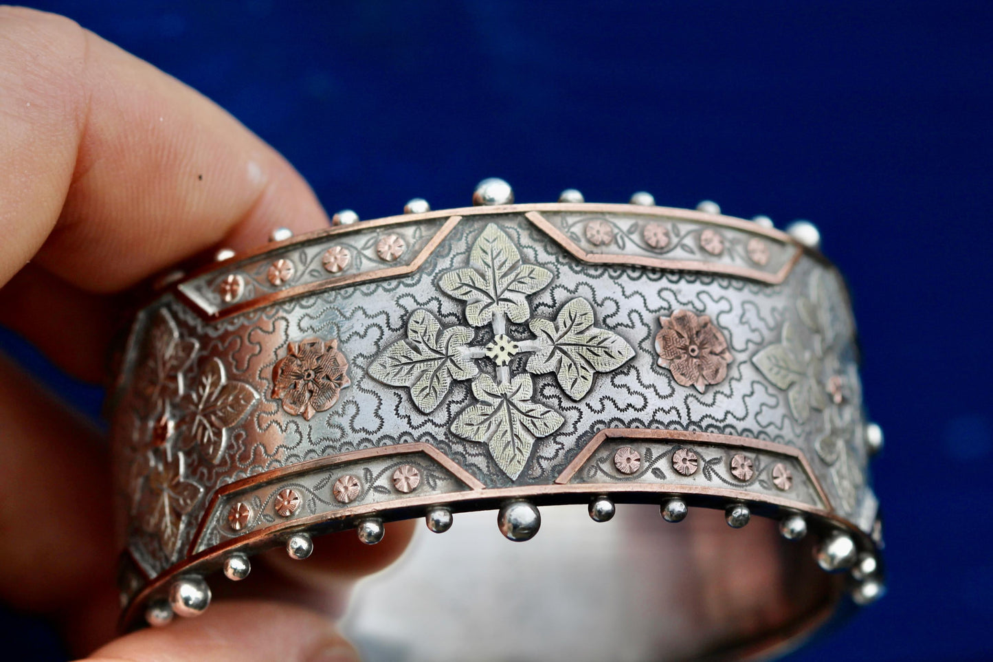 Victorian Sterling Silver Bangle | Applied Two-Colour Gold | Ivy & Forget-Me-Not | c.1880