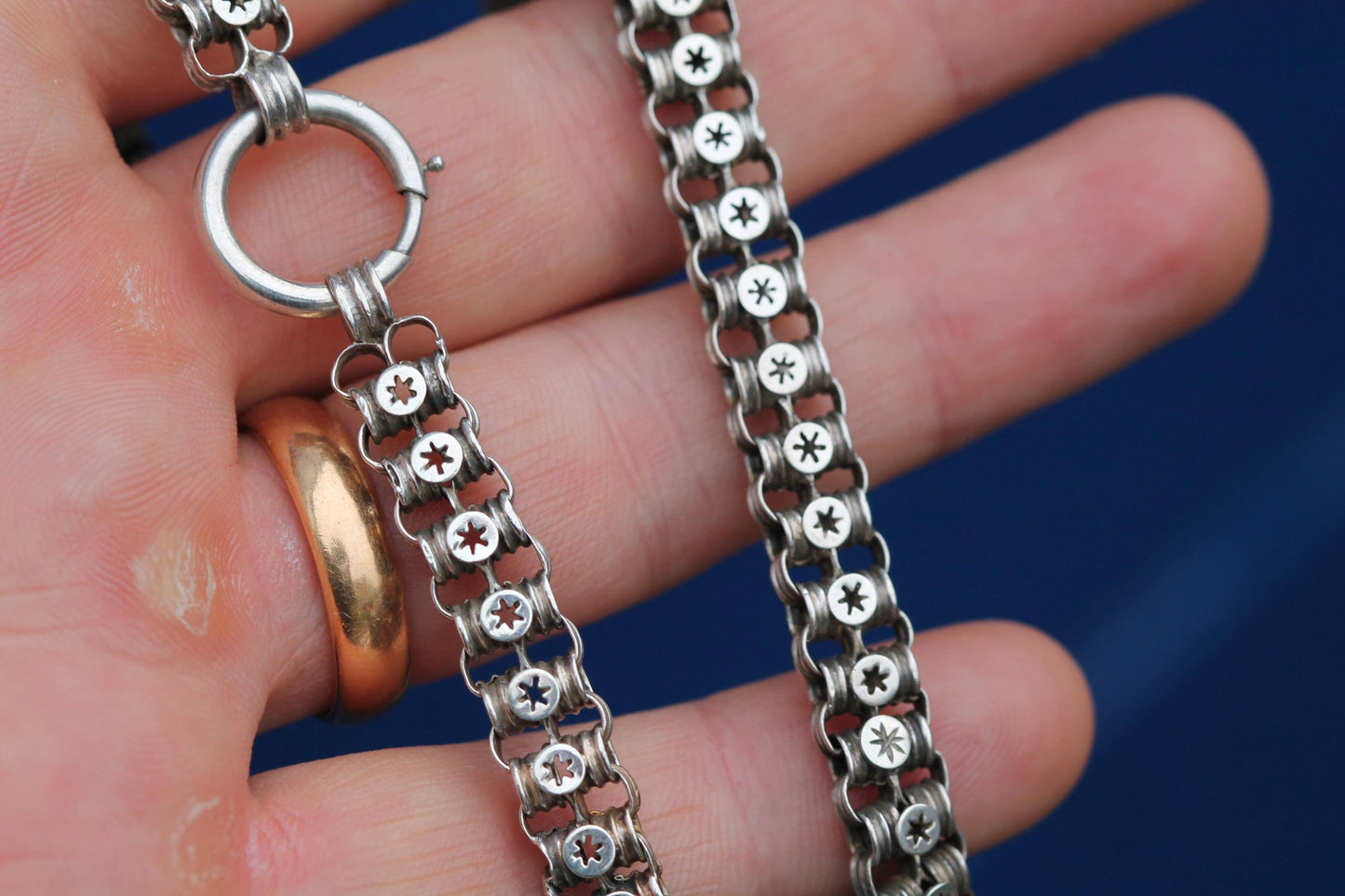 Antique Victorian Sterling Silver Necklace | Pierced Star Links | c.1880