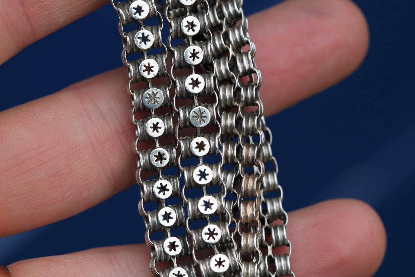 Antique Victorian Sterling Silver Necklace | Pierced Star Links | c.1880