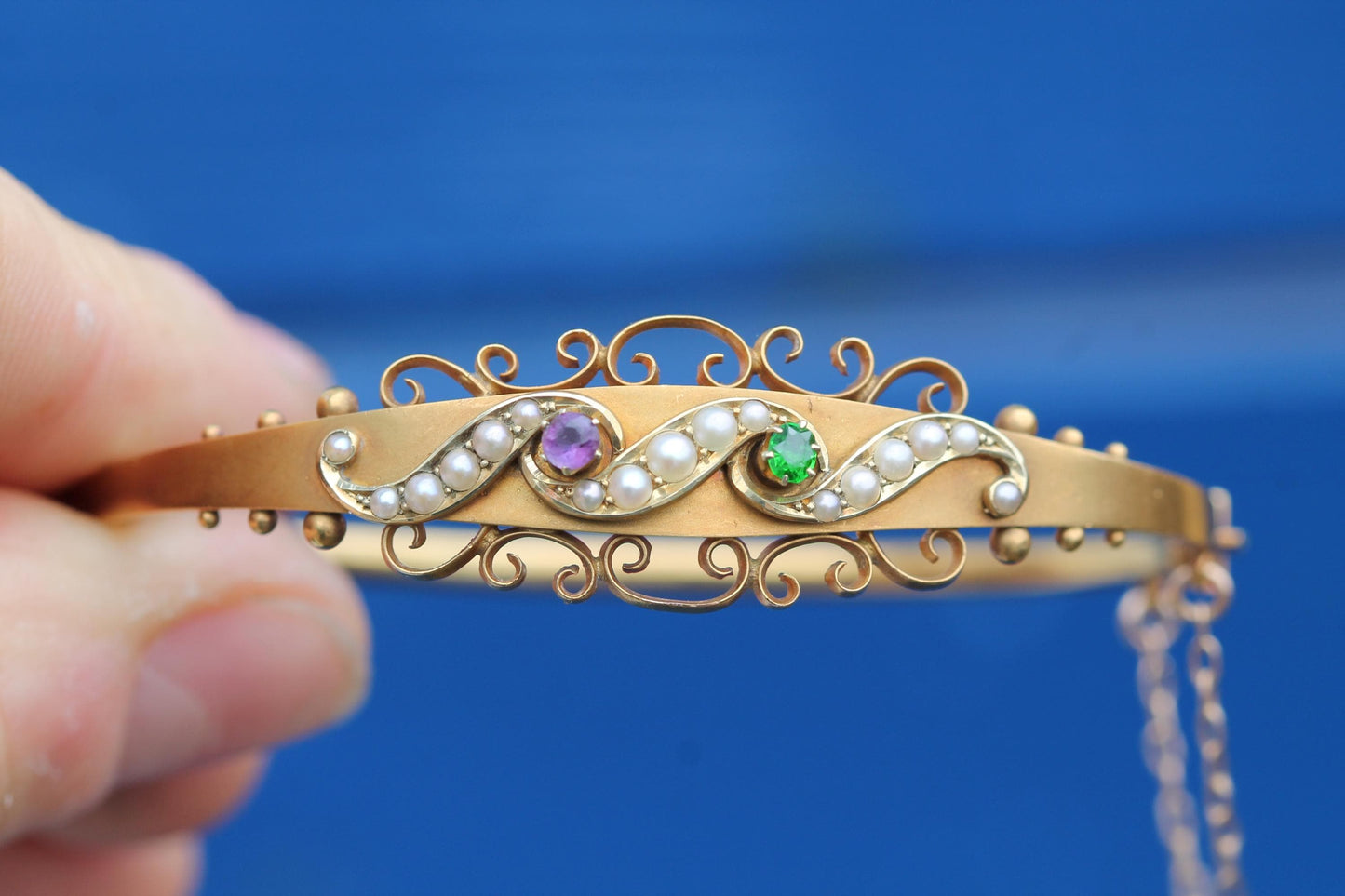 Antique 15ct Gold Suffragette Bangle | Amethyst, Pearl & Emerald | Edwardian 1906