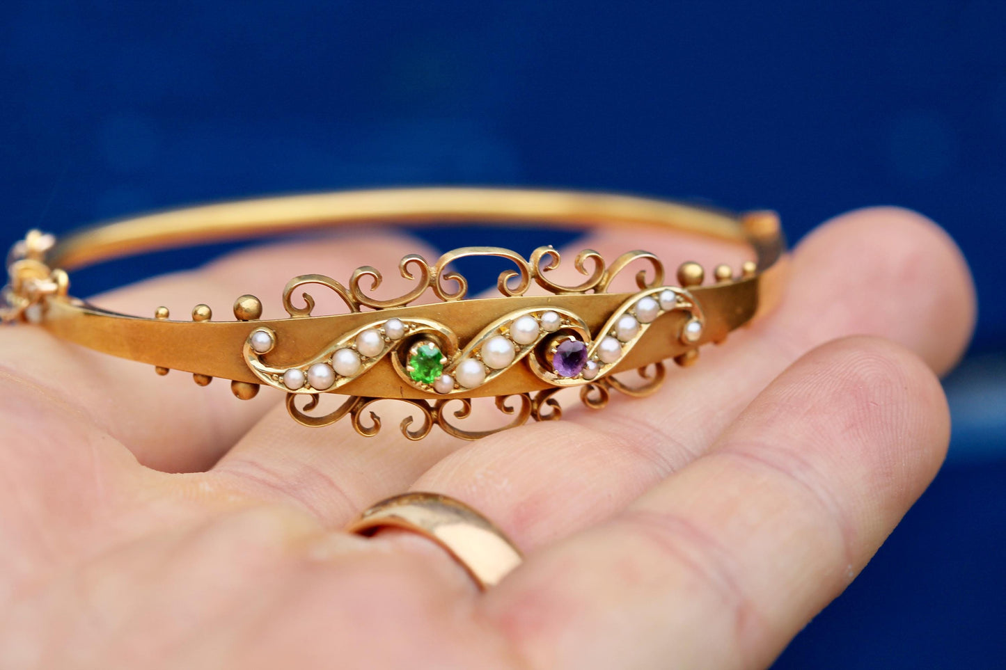 Antique 15ct Gold Suffragette Bangle | Amethyst, Pearl & Emerald | Edwardian 1906