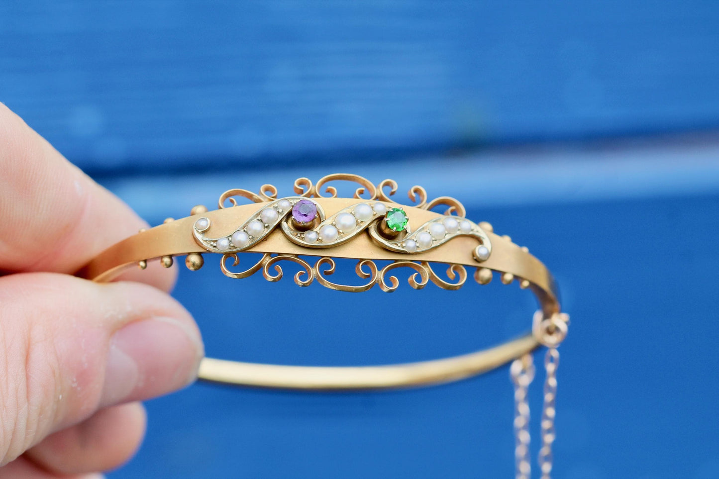 Antique 15ct Gold Suffragette Bangle | Amethyst, Pearl & Emerald | Edwardian 1906