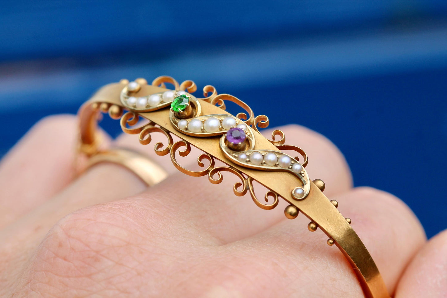 Antique 15ct Gold Suffragette Bangle | Amethyst, Pearl & Emerald | Edwardian 1906