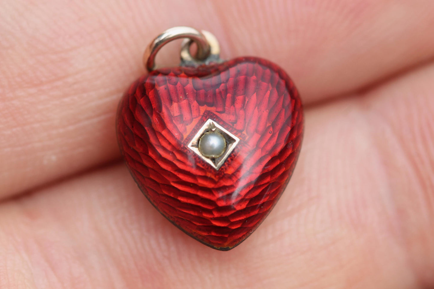 Antique 9ct Rose Gold Red Enamel Puffy Heart Pendant | Seed Pearl | Victorian