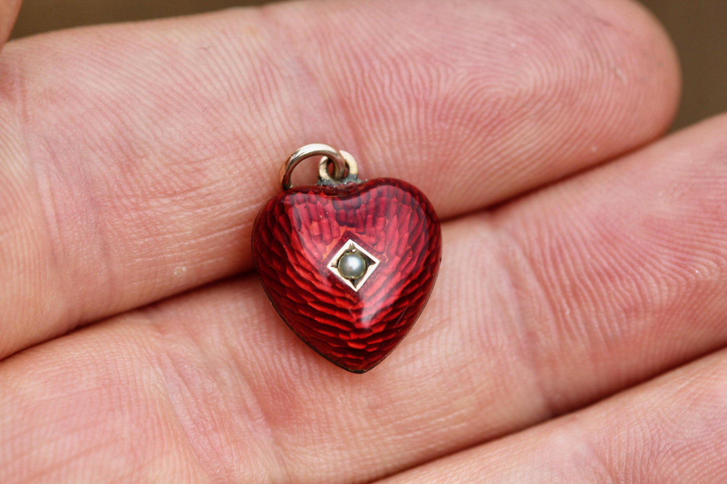 Antique 9ct Rose Gold Red Enamel Puffy Heart Pendant | Seed Pearl | Victorian