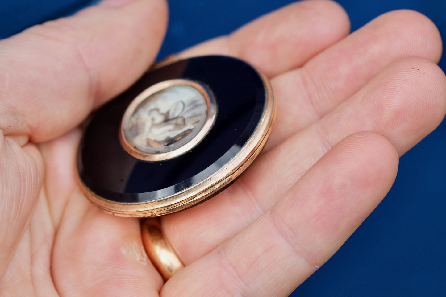 Antique Georgian Gold Filled Pendant Locket | Hand Painted Miniature | Blue Glass | c.1780