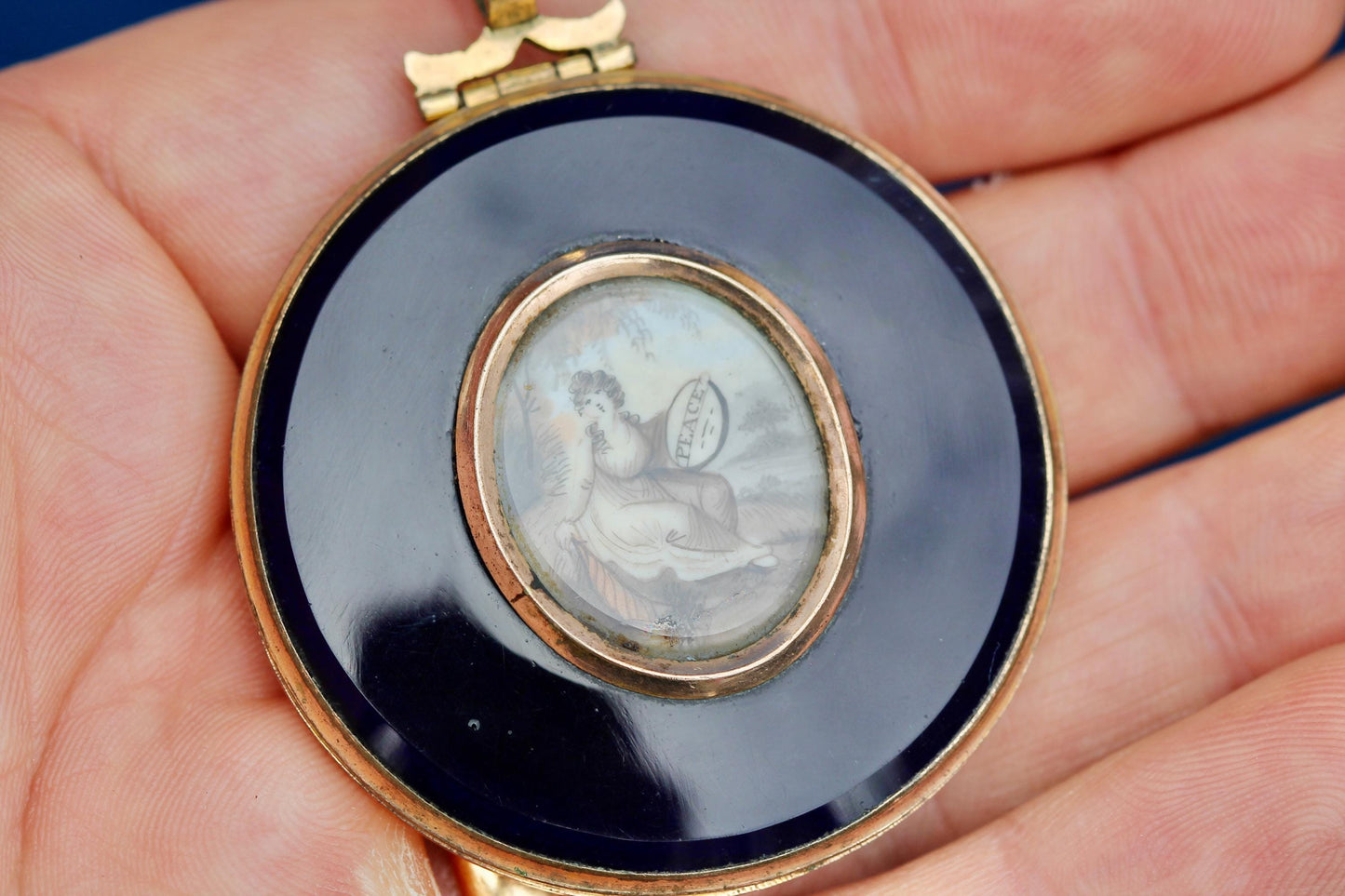 Antique Georgian Gold Filled Pendant Locket | Hand Painted Miniature | Blue Glass | c.1780