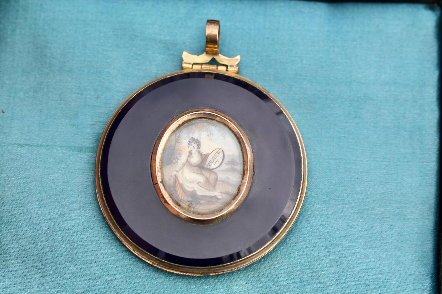 Antique Georgian Gold Filled Pendant Locket | Hand Painted Miniature | Blue Glass | c.1780