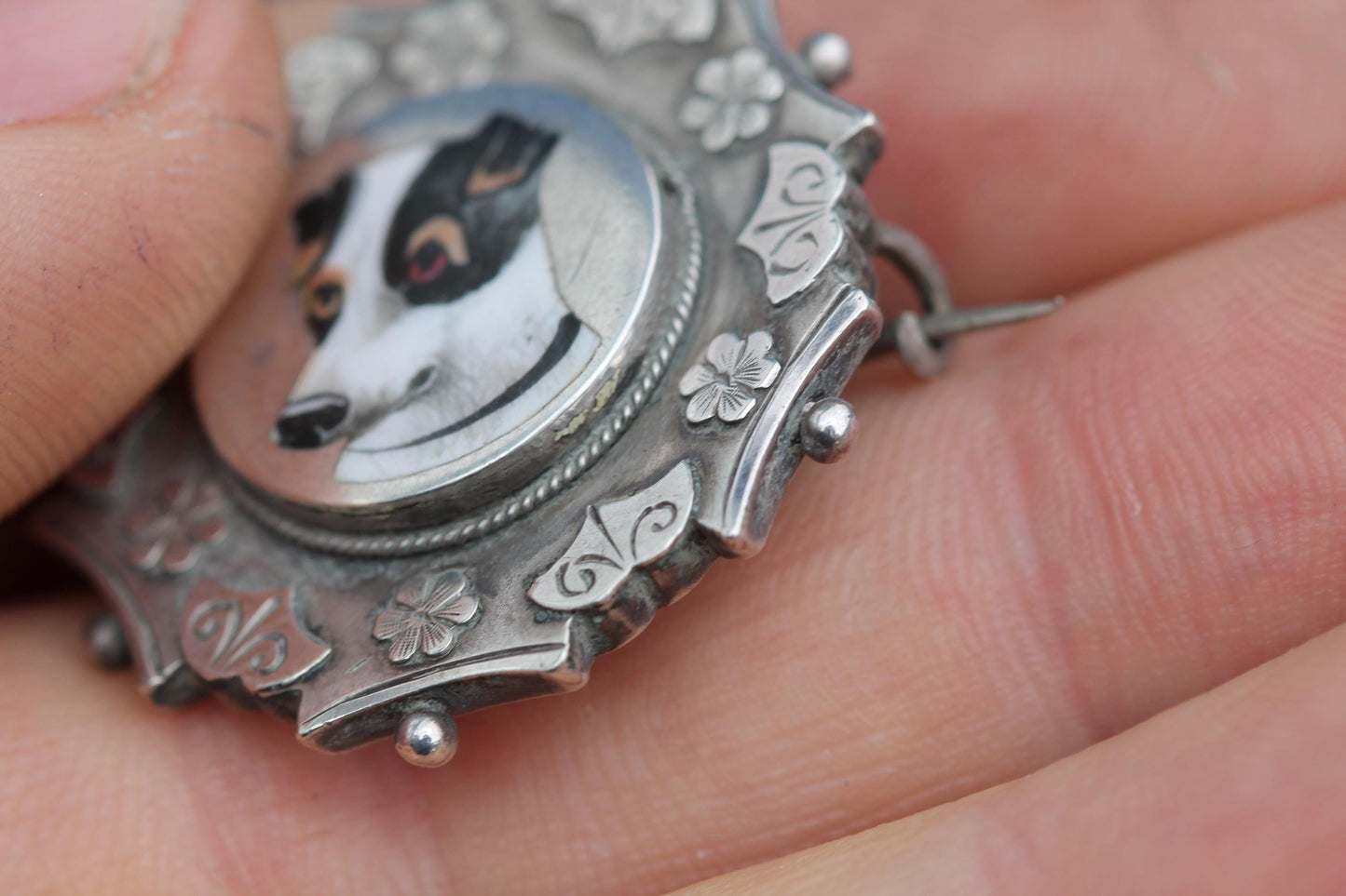 Antique Sterling Silver Brooch | Hand Painted Dog Portrait | Floral Border | 1887