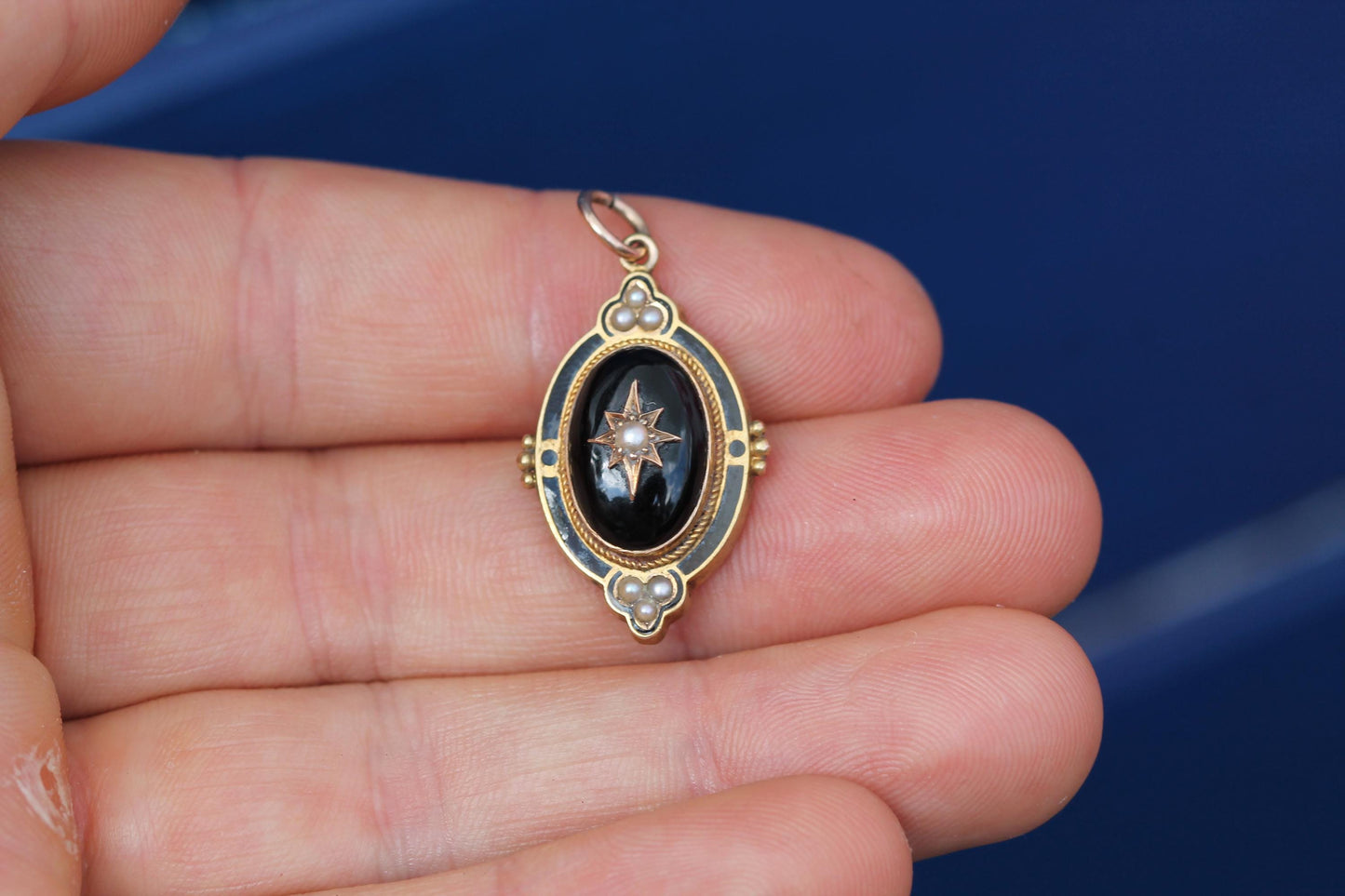 Antique 15ct Gold Pendant | Onyx Cabochon | Black Enamel | Seed Pearls | c.1860