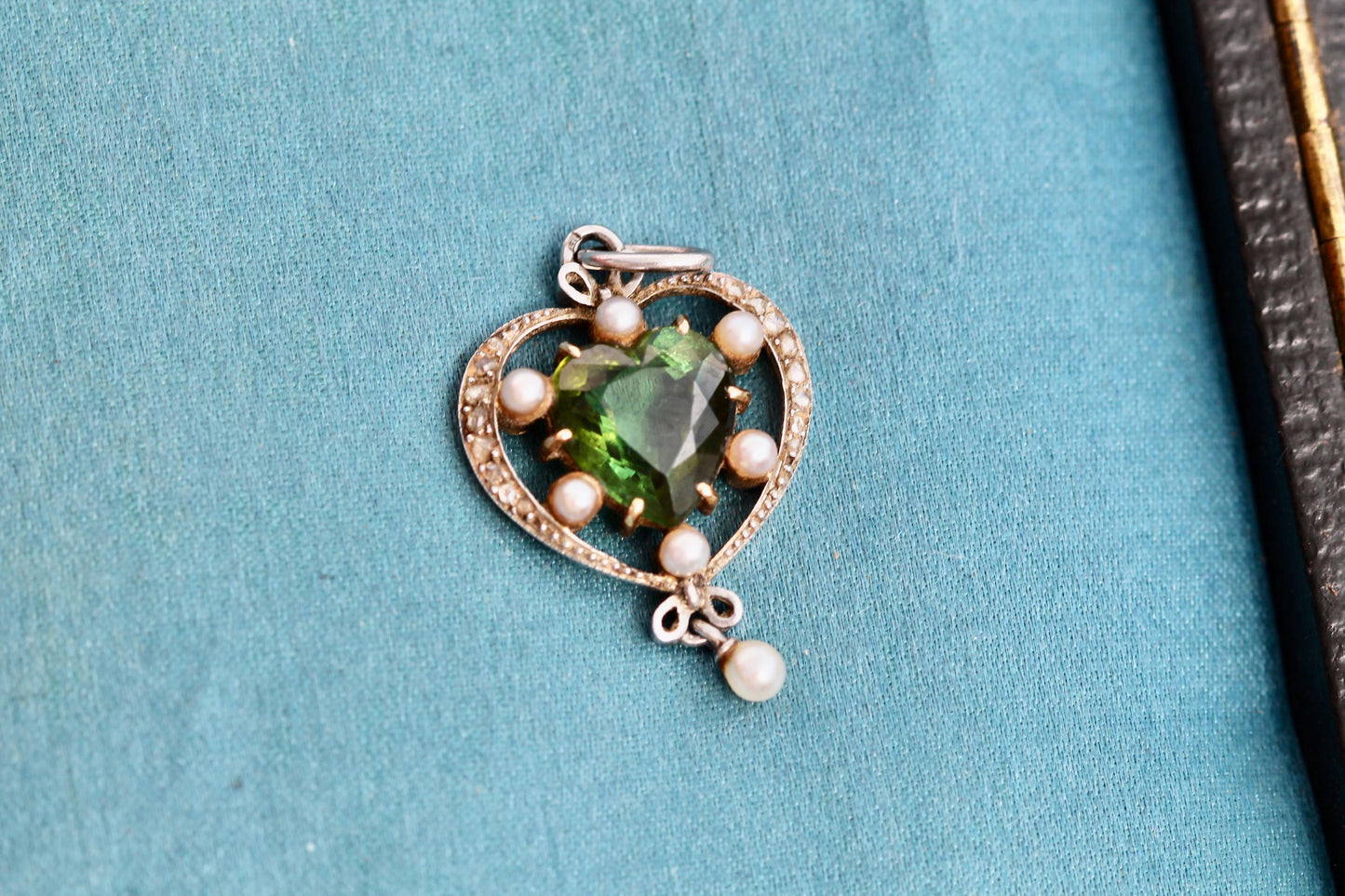 Antique French 15ct Gold & Platinum Pendant | Green Tourmaline | Old Cut Diamonds | c.1920