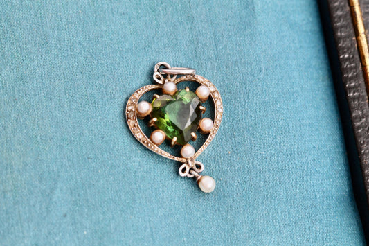 Antique French 15ct Gold & Platinum Pendant | Green Tourmaline | Old Cut Diamonds | c.1920
