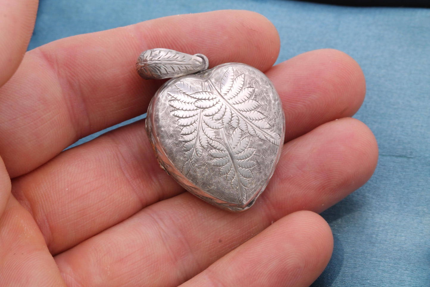 Antique Sterling Silver Heart Locket | Fern Leaf Chasing | c.1890