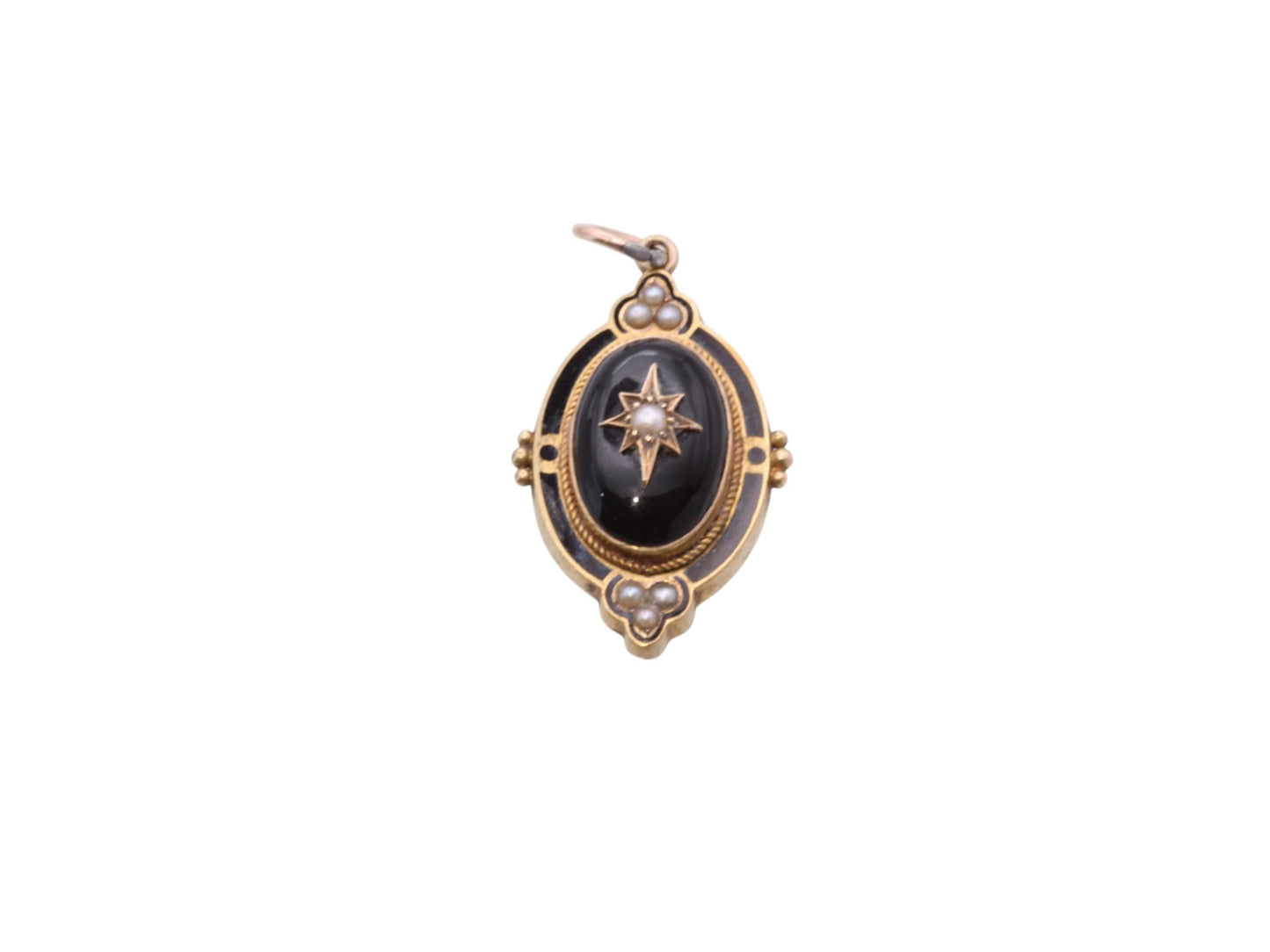 Antique 15ct Gold Pendant | Onyx Cabochon | Black Enamel | Seed Pearls | c.1860