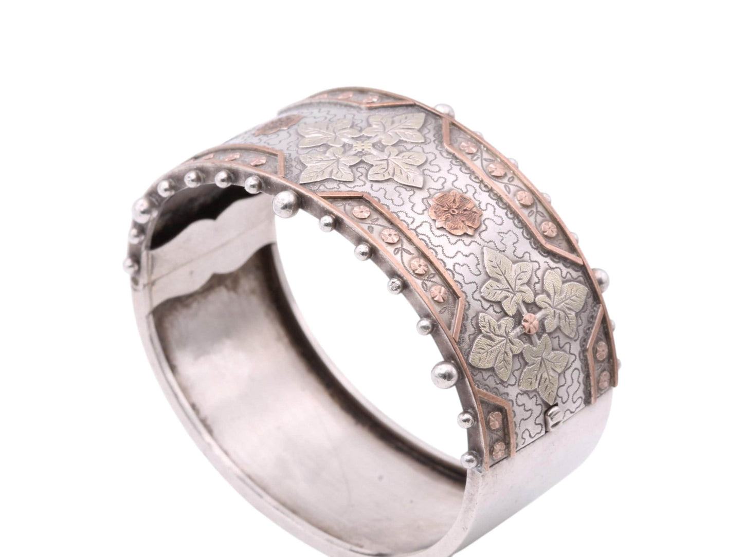 Victorian Sterling Silver Bangle | Applied Two-Colour Gold | Ivy & Forget-Me-Not | c.1880