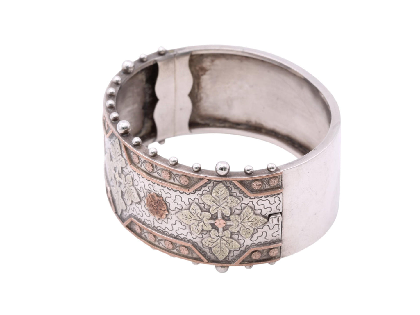 Victorian Sterling Silver Bangle | Applied Two-Colour Gold | Ivy & Forget-Me-Not | c.1880