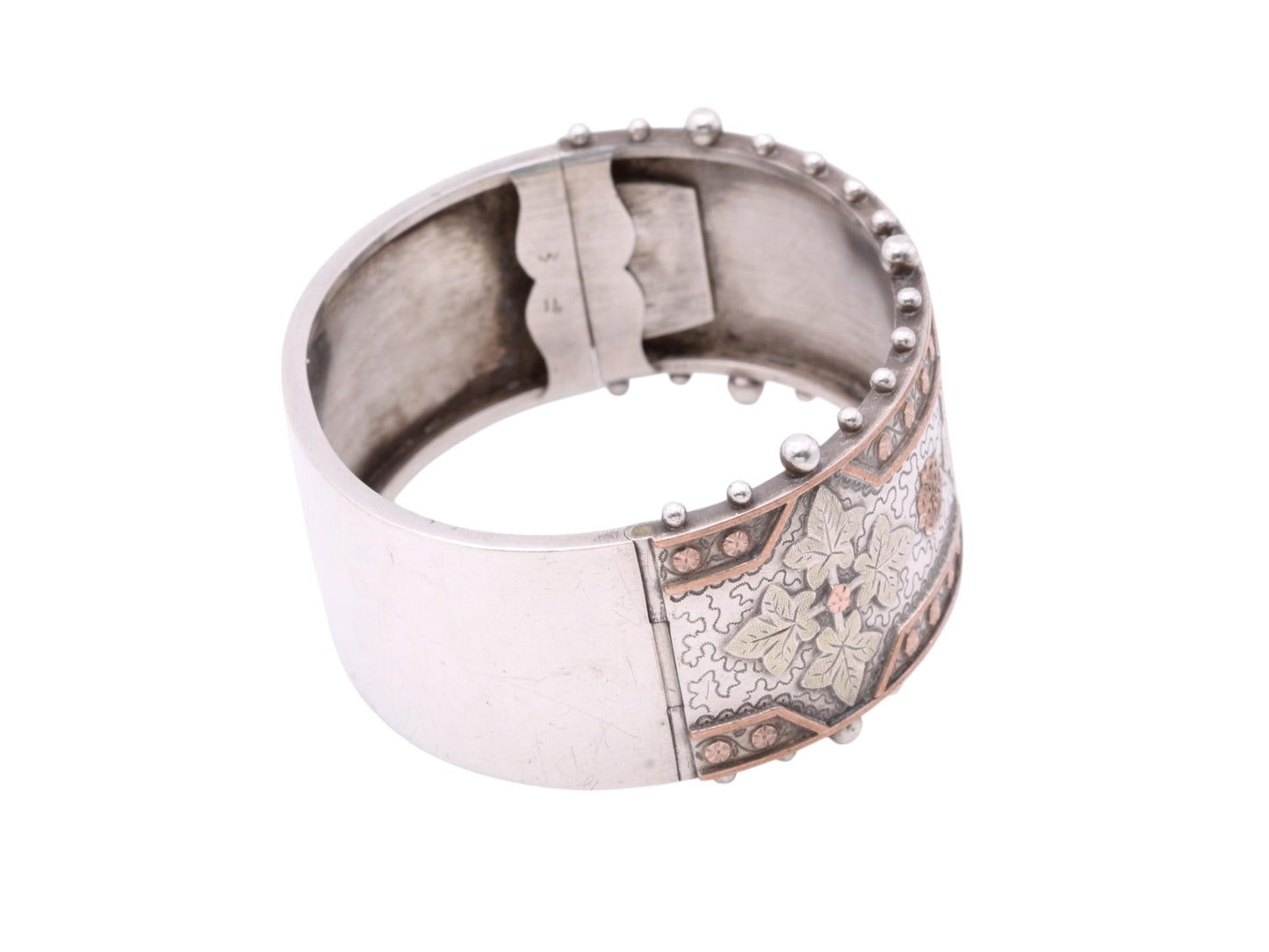 Victorian Sterling Silver Bangle | Applied Two-Colour Gold | Ivy & Forget-Me-Not | c.1880