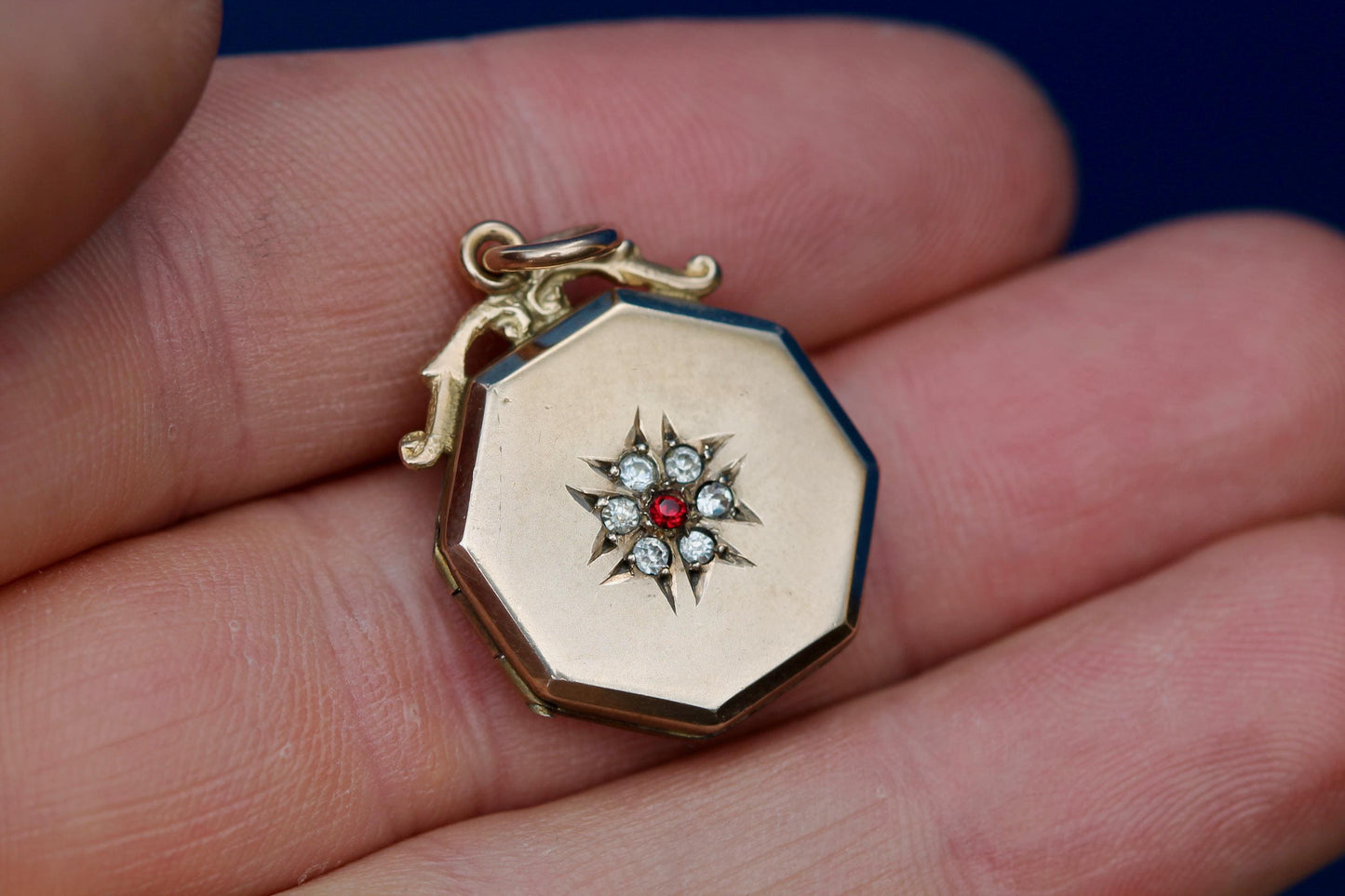 Antique 9ct Gold Octagonal Locket | White & Red Paste Flower | Edwardian