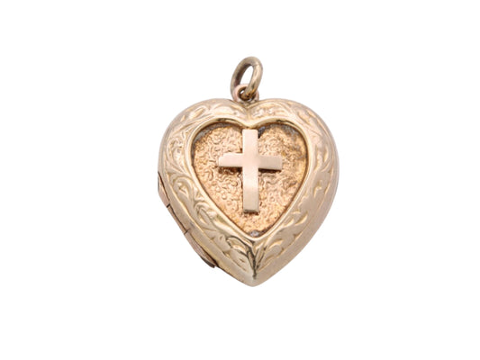 Vintage 9ct Gold Heart Locket | Cross Motif | Double Keepsake | c.1970