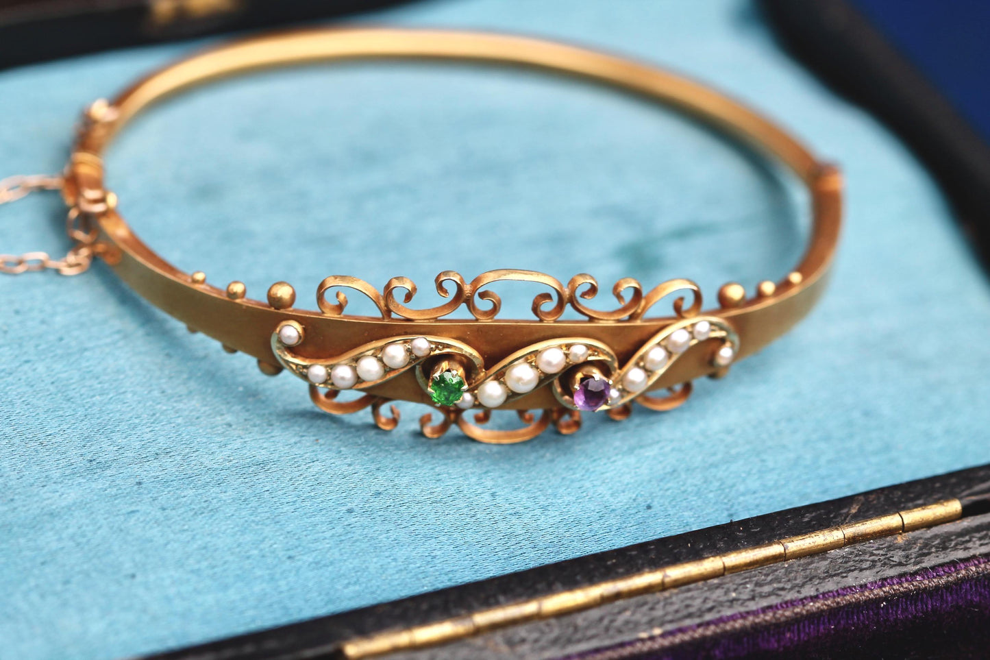 Antique 15ct Gold Suffragette Bangle | Amethyst, Pearl & Emerald | Edwardian 1906