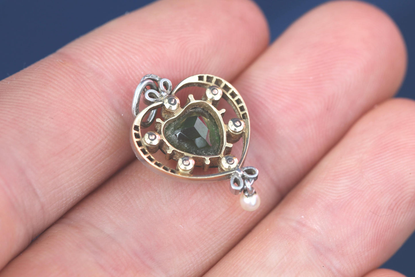Antique French 15ct Gold & Platinum Pendant | Green Tourmaline | Old Cut Diamonds | c.1920