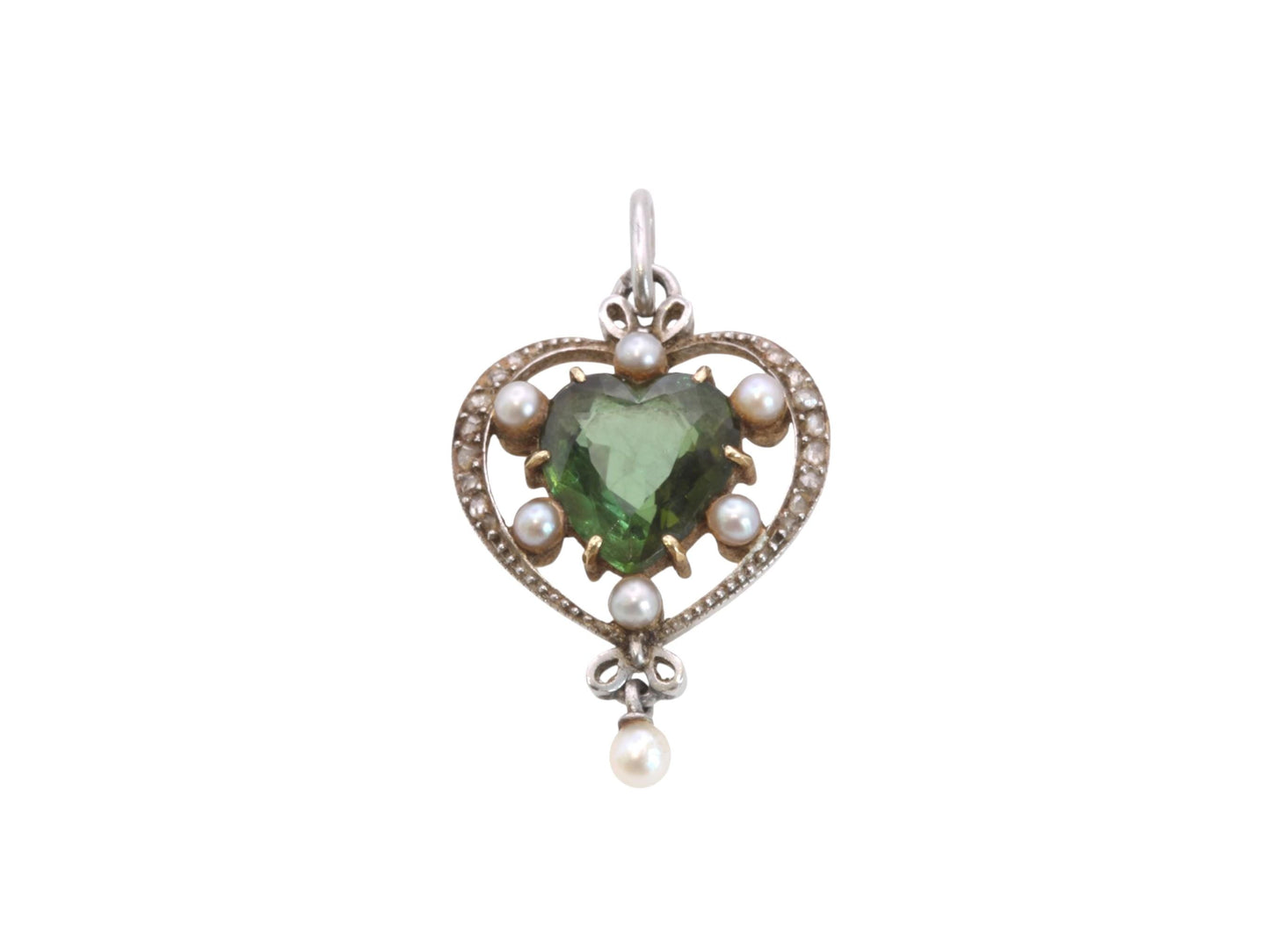 Antique French 15ct Gold & Platinum Pendant | Green Tourmaline | Old Cut Diamonds | c.1920