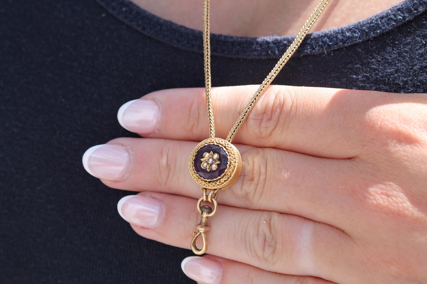 Antique 18ct Gold French Long Guard Chain | Foxtail Link Amethyst Slider | c.1860