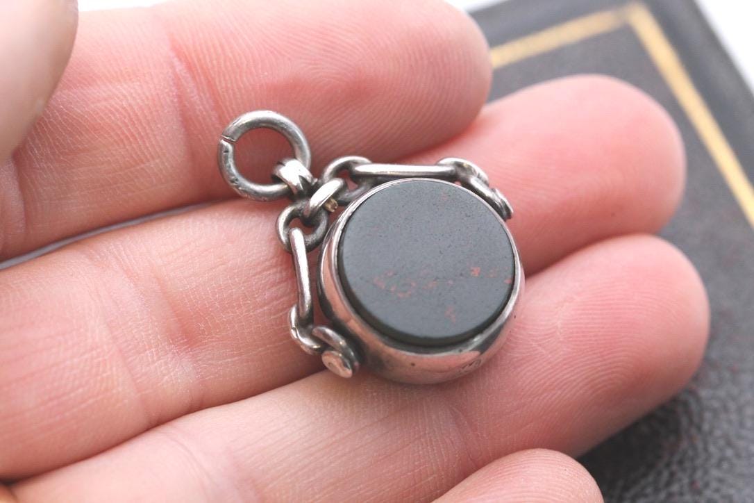 Antique Sterling Silver Bloodstone Spinner Pendant | Victorian