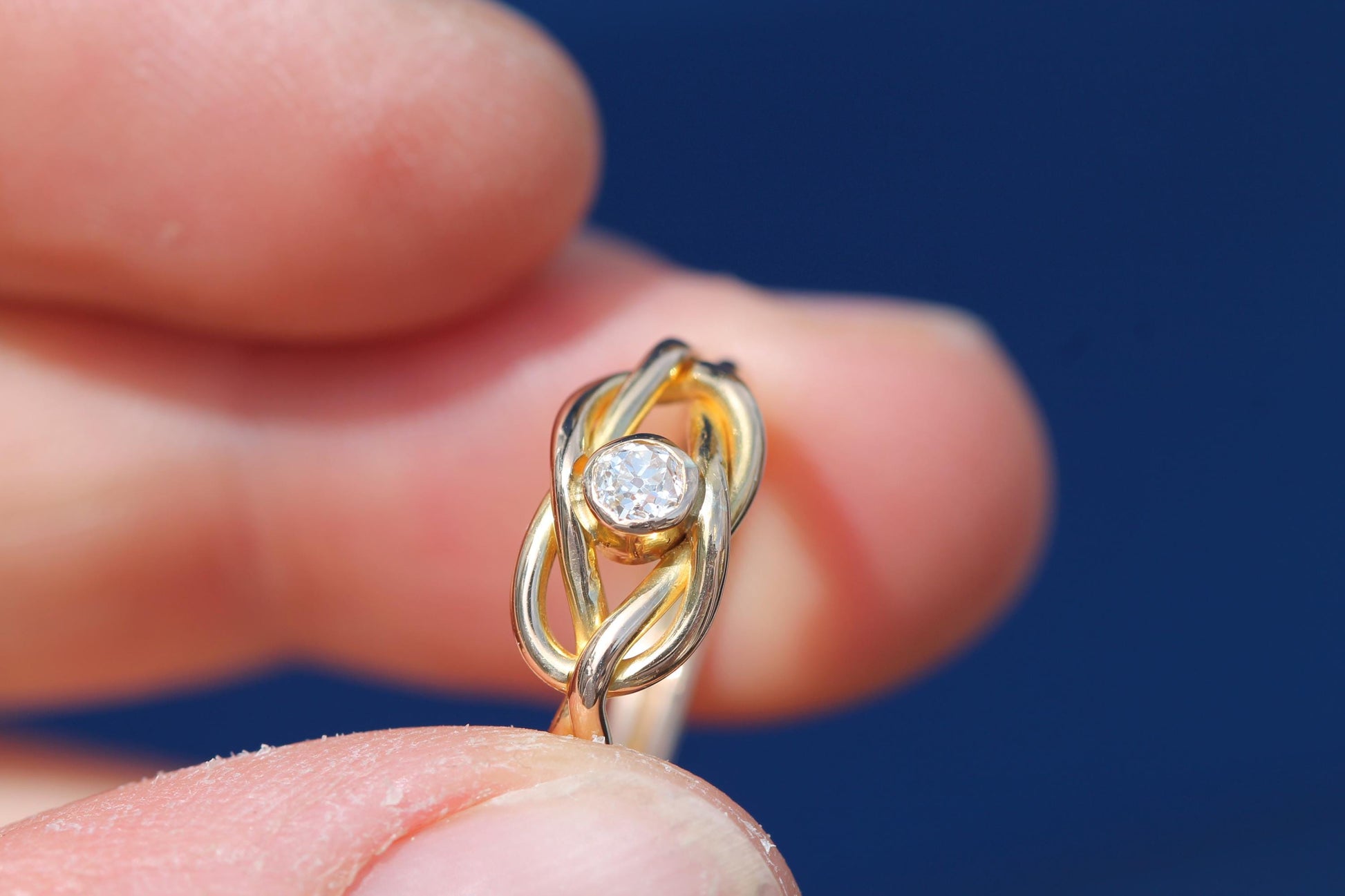 Antique-18ct-Gold-Lover's-Knot-Ring-|-Old-Mine-Cut-Diamond-|-Victorian-c.1880