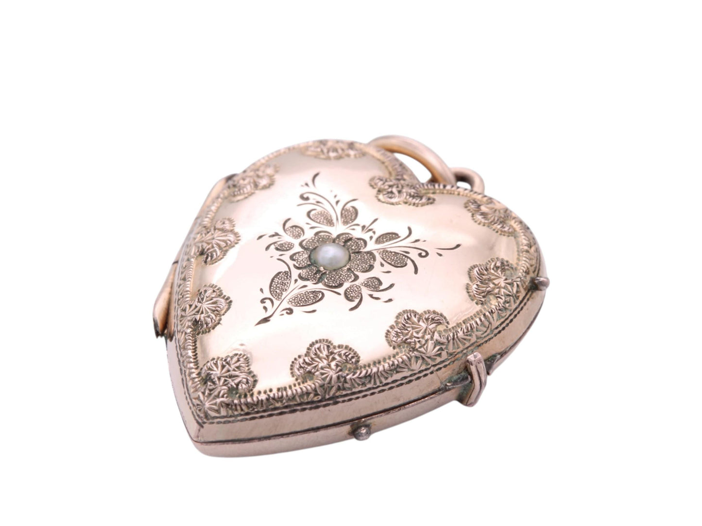 Antique 9ct Gold Heart Locket | Pearl Set Flower | Keepsake | Victorian c.1890