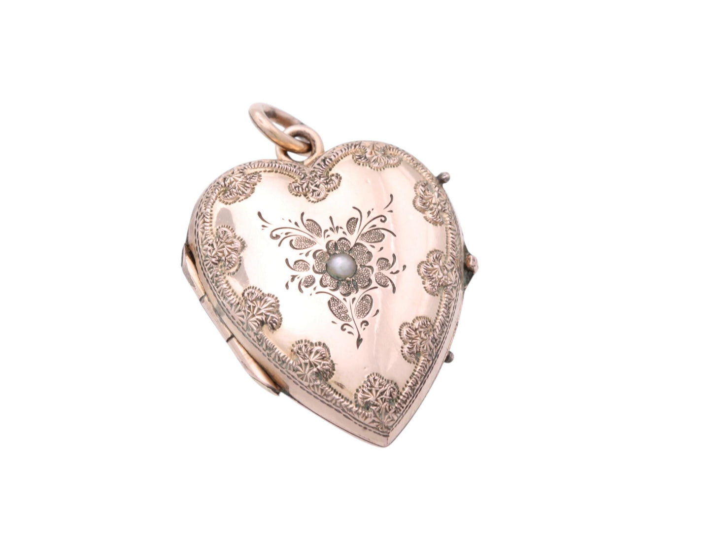 Antique 9ct Gold Heart Locket | Pearl Set Flower | Keepsake | Victorian c.1890