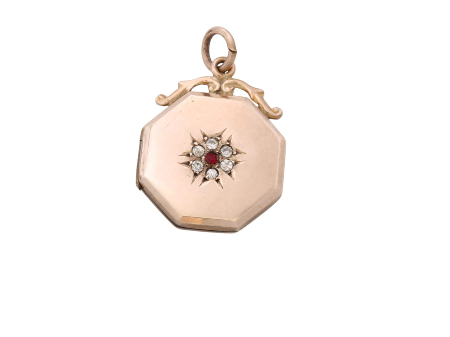 Antique 9ct Gold Octagonal Locket | White & Red Paste Flower | Edwardian